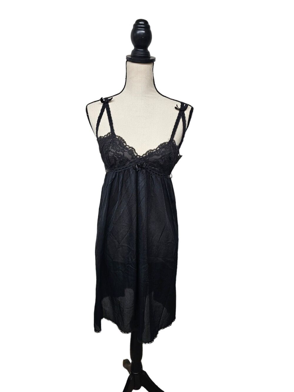 VTG Hollywood Womens Satin Midi Slip Dress Size 34  L Coquette Y2K Lace  Bows